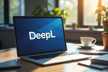 Espace de travail moderne avec un laptop affichant le logo DeepL