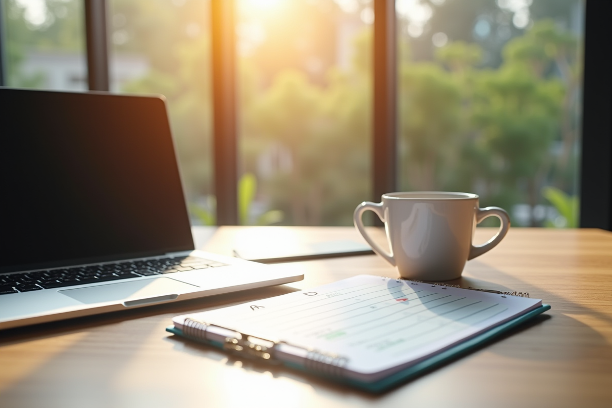 Espace de travail moderne avec bureau en bois et liste de tâches