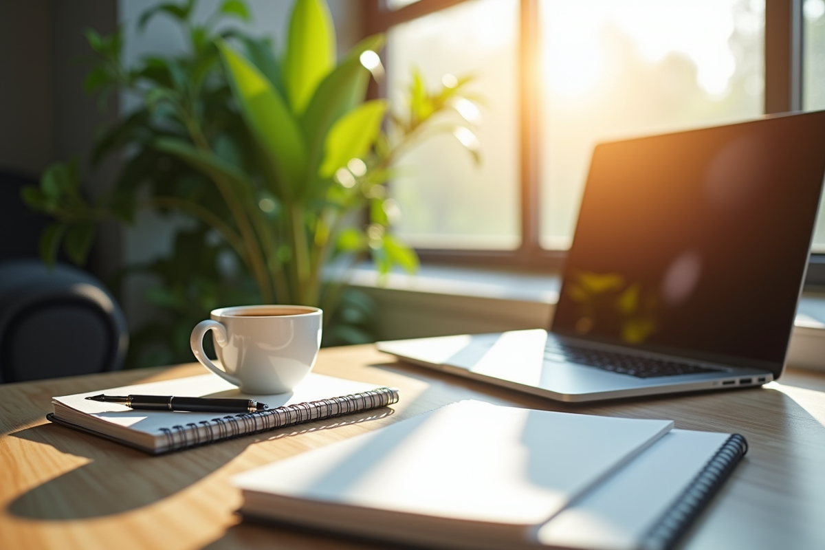 Espace de travail moderne avec ordinateur et plante verte