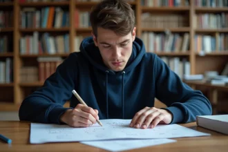 Étudiant en physique révisant un calcul de champ électrique avec des formules manuscrites sur papier quadrillé