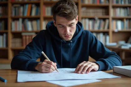Étudiant en physique révisant un calcul de champ électrique avec des formules manuscrites sur papier quadrillé