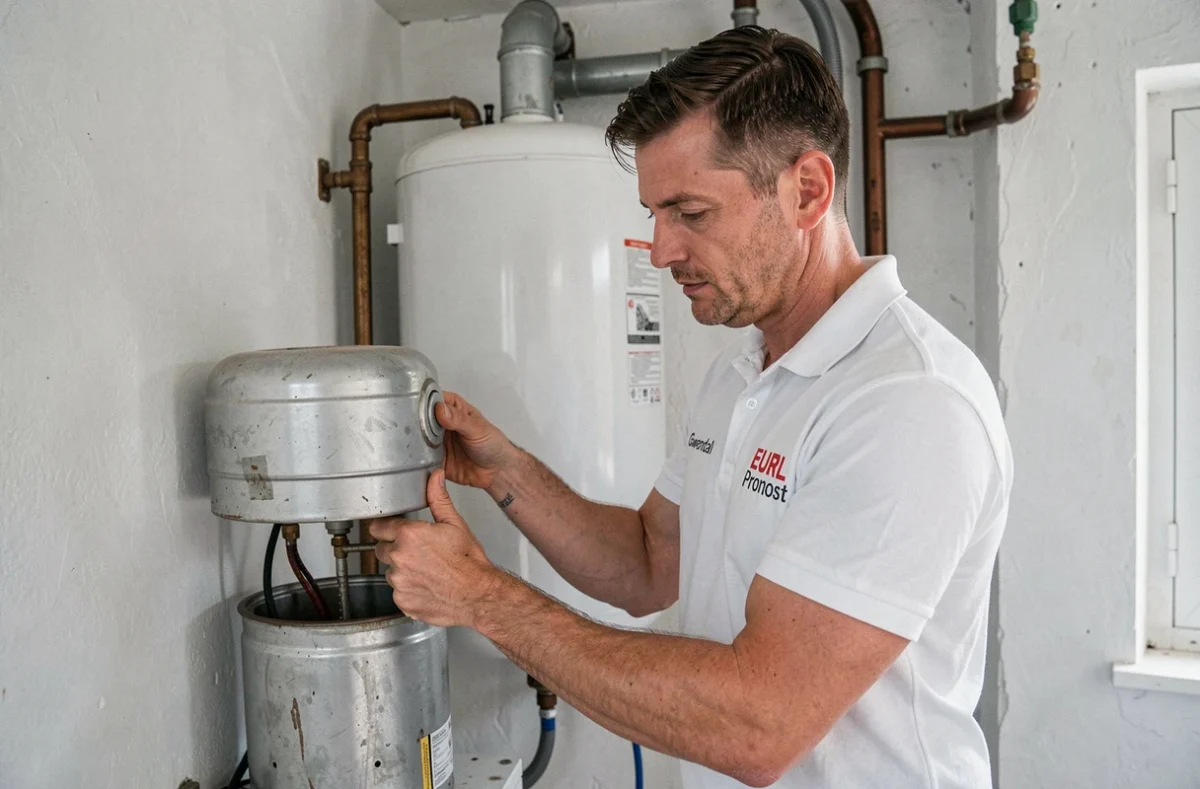 Gwendal Pronost remplaçant un chauffe-eau dans un appartement rennais