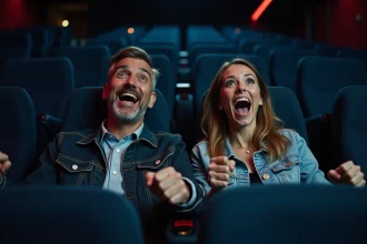Couple réagissant avec enthousiasme dans un fauteuil motorisé de salle 4DX lors d'une séance de cinéma immersive