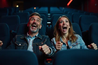 Couple réagissant avec enthousiasme dans un fauteuil motorisé de salle 4DX lors d'une séance de cinéma immersive