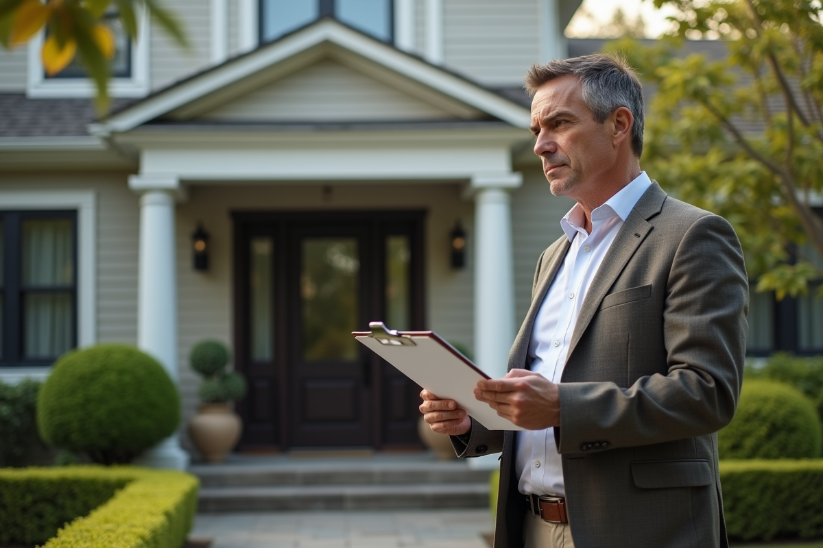Agent immobilier examinant une maison en extérieur