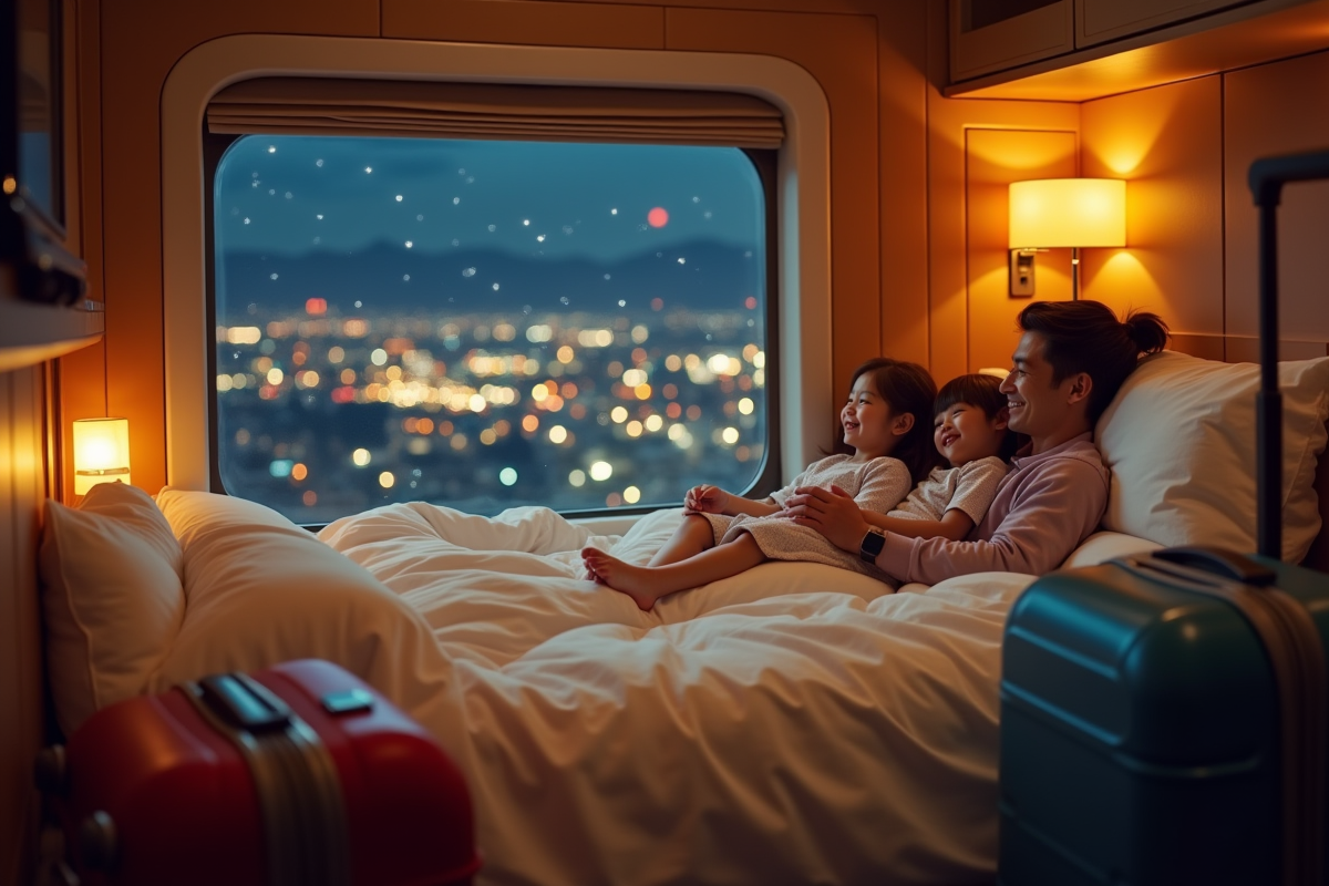 Famille dans une cabine nuit de train de luxe avec lits douillets et vue sur la ville