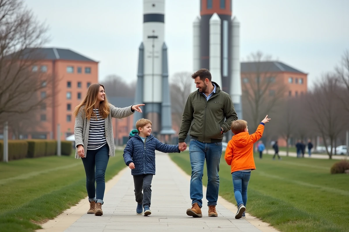 Famille avec enfants visitant la Cité de l'Espace à Toulouse le weekend, devant une fusée grandeur nature