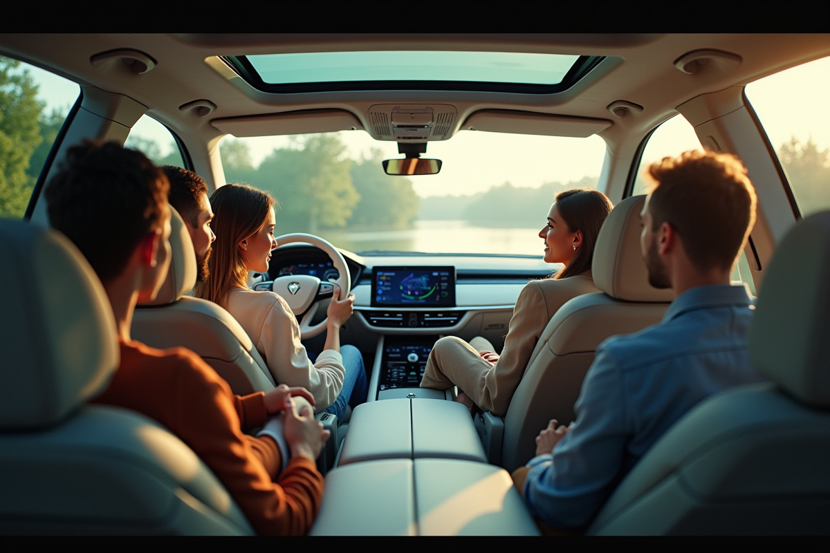 Famille relaxant dans un véhicule autonome spacieux et high-tech