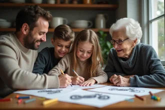Famille multigenerational dessinant ensemble à table