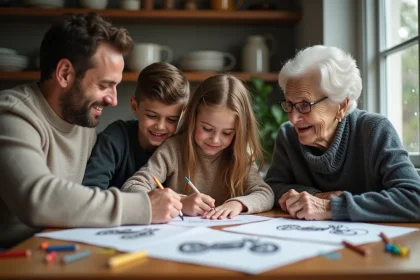 Famille multigenerational dessinant ensemble à table