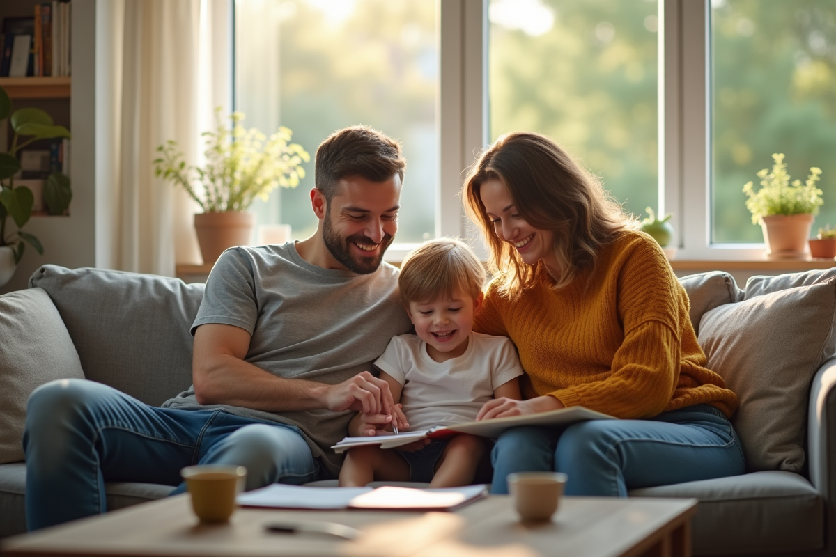 Famille mixte souriante sur le canapé en intérieur