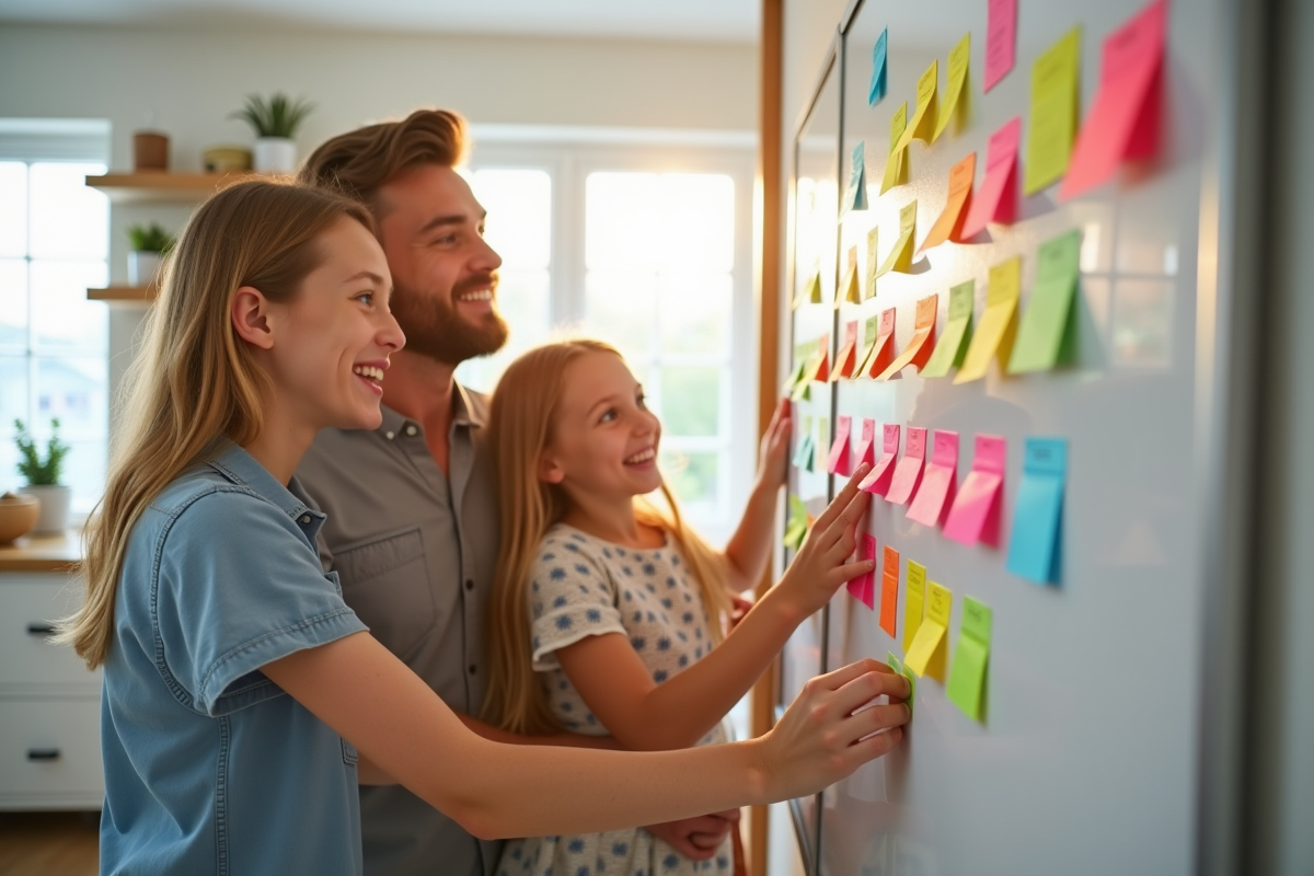 Famille organisée dans la cuisine avec tableau et notes colorées