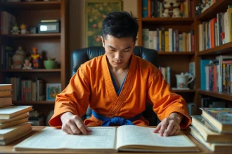 Fan de Dragon Ball analysant les âges des personnages sur des notes manuscrites entourées de mangas et figurines de collection