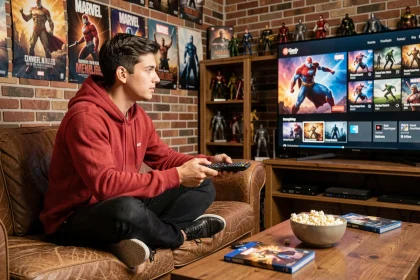Fan Marvel assis sur un canapé en cuir regardant un menu de films de super-héros sur grand écran entouré de posters et figurines MCU