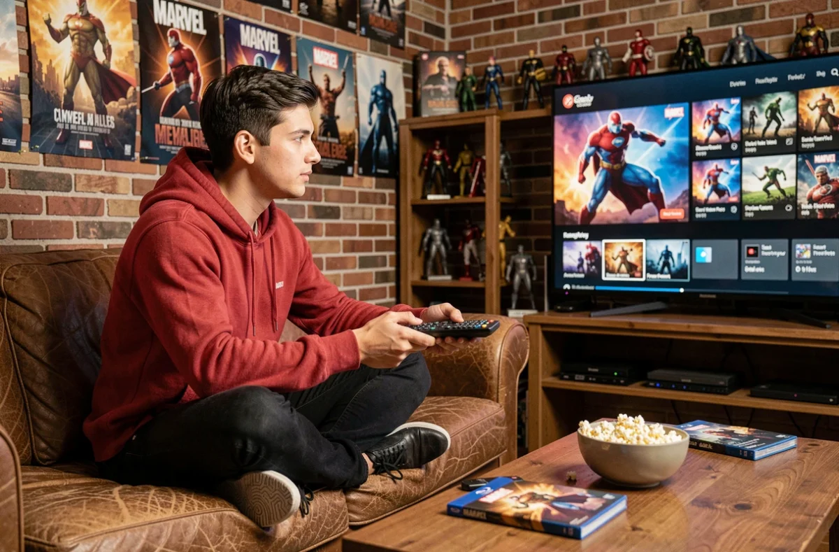 Fan Marvel assis sur un canapé en cuir regardant un menu de films de super-héros sur grand écran entouré de posters et figurines MCU