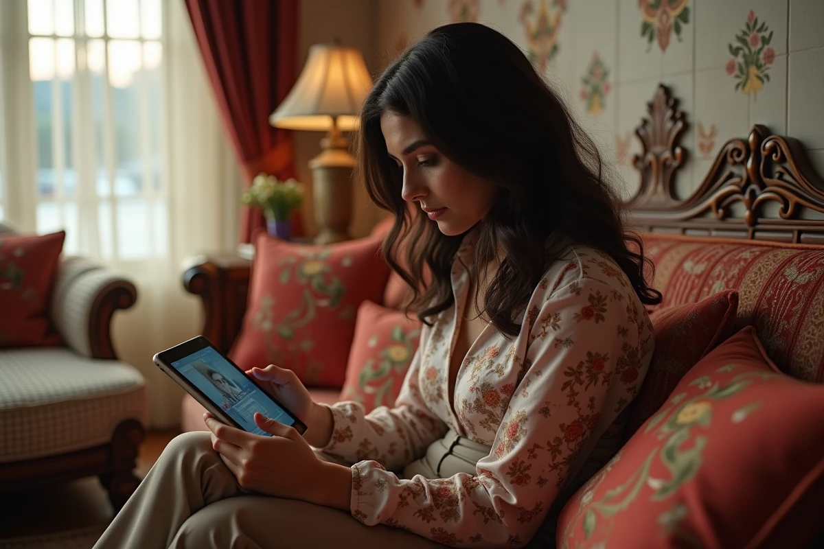 Jeune femme turque regardant une série romantique turque sur sa tablette dans un salon décoré de style ottoman
