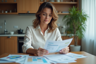 Femme d'âge moyen analysant des graphiques et reçus à la maison