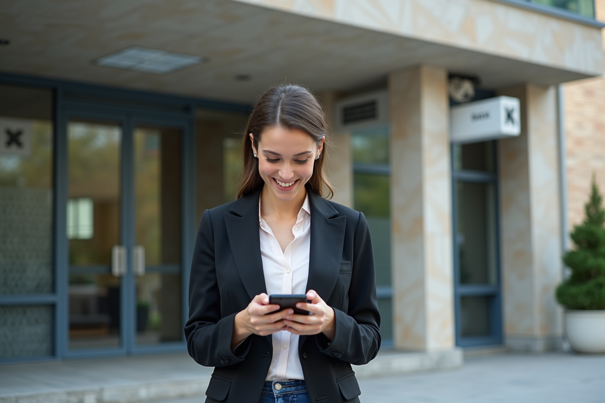 Jeune femme souriante utilise son smartphone devant une banque