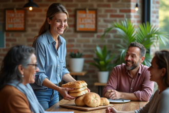 Femme souriante partage du pain dans un centre communautaire