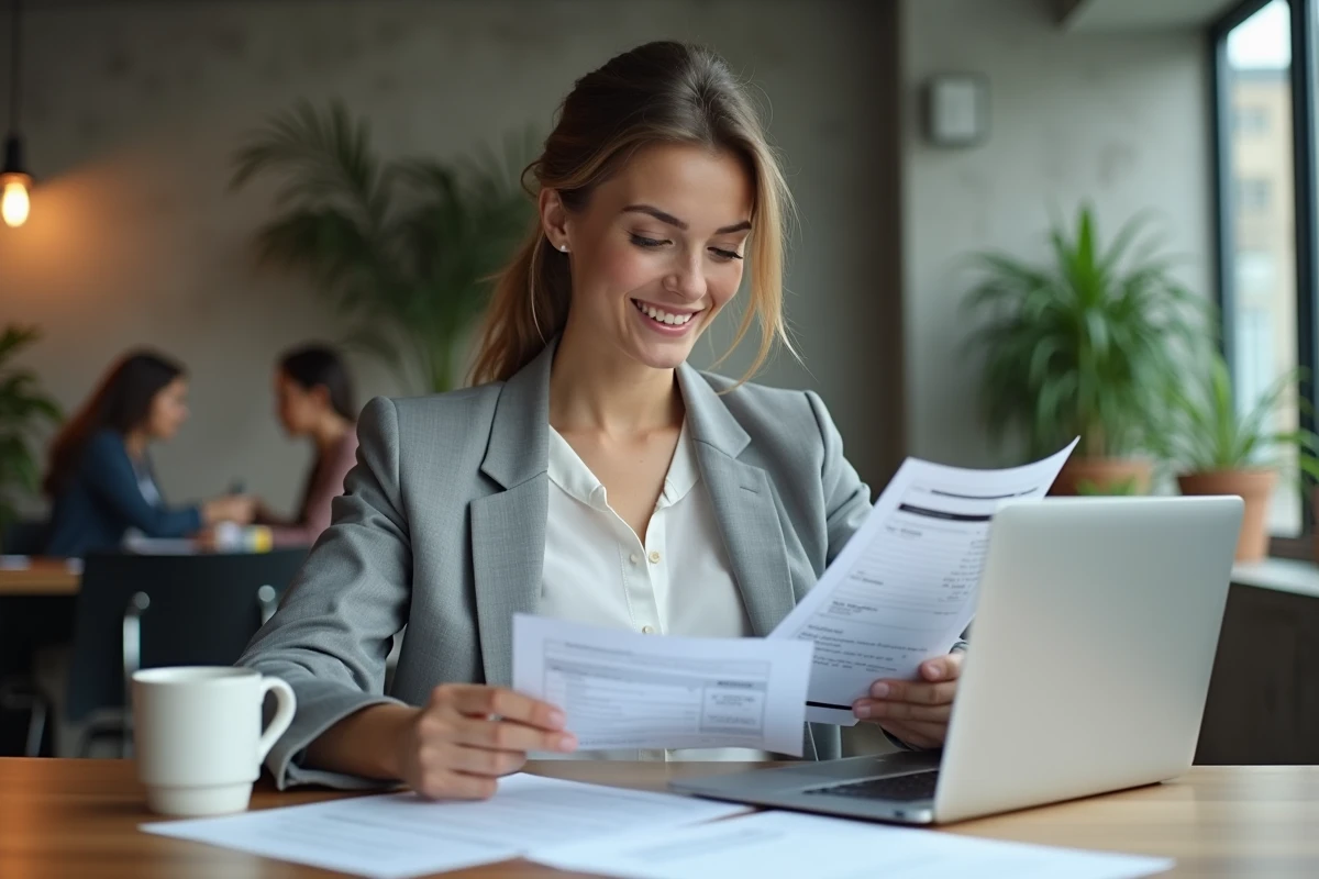 Femme au bureau comparant une facture téléphonique avec frais de roaming et documents relatifs aux nouvelles règles de l'indicatif 34 en 2026