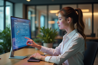 Femme au bureau interactif dans un espace moderne