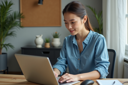 Jeune femme au bureau regarde son écran d'ordinateur