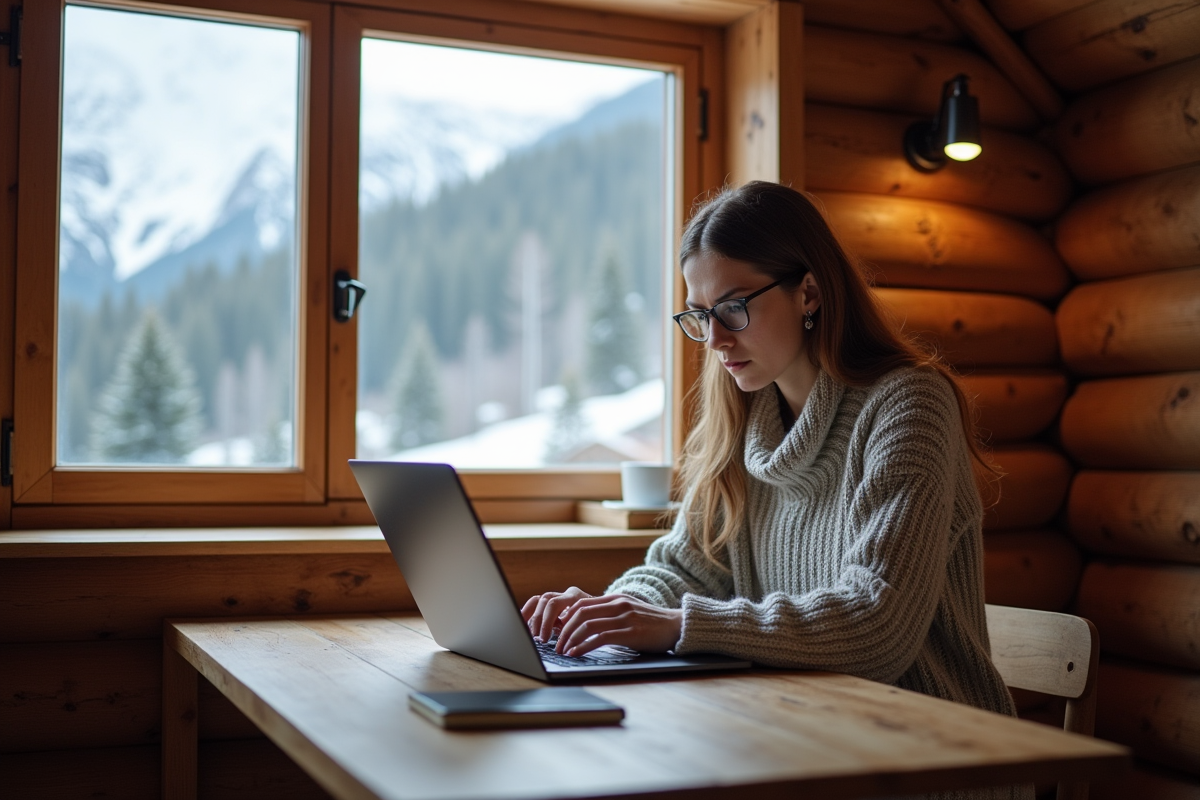 Jeune femme dans une cabane de montagne avec ordinateur