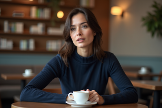 Femme en café en pleine réflexion avec un sweater bleu marine
