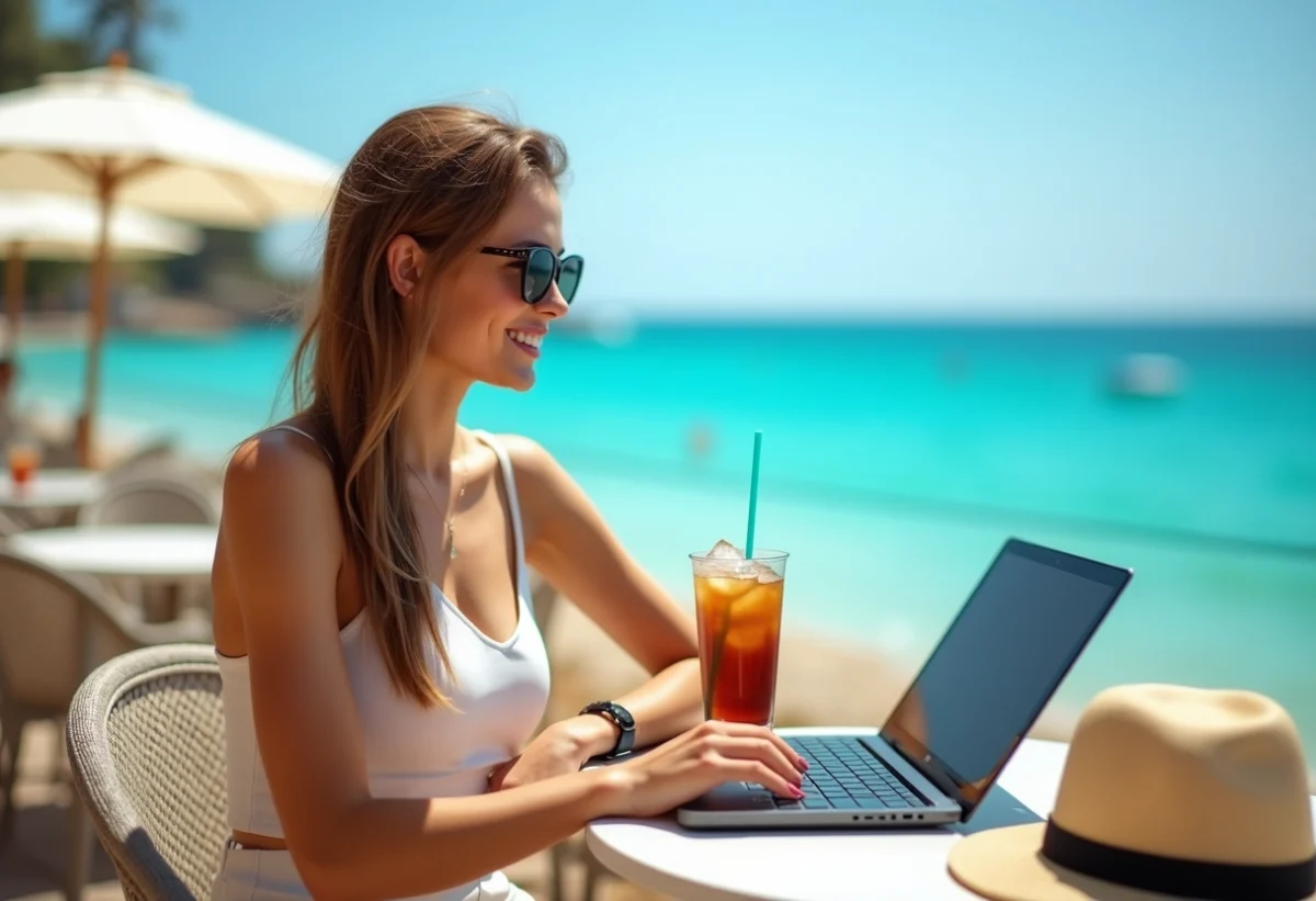 Jeune femme au café en bord de mer avec ordinateur et soleil