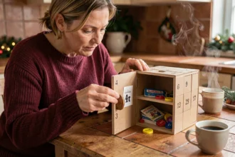 Femme ouvrant une case du calendrier de l'Avent Française des Jeux sur une table en bois dans une cuisine chaleureuse