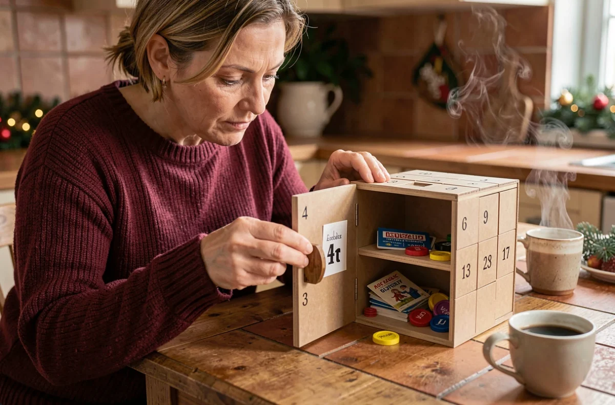 Femme ouvrant une case du calendrier de l'Avent Française des Jeux sur une table en bois dans une cuisine chaleureuse
