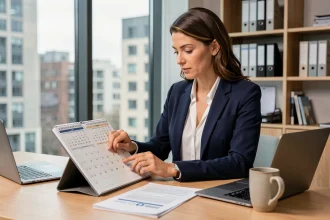 Femme professionnelle consultant un calendrier avec numéros de semaines paires pour planifier des contrats en 2026