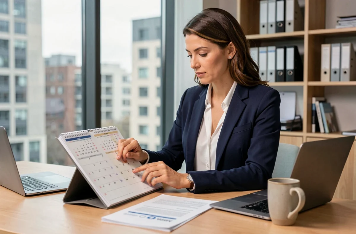 Femme professionnelle consultant un calendrier avec numéros de semaines paires pour planifier des contrats en 2026