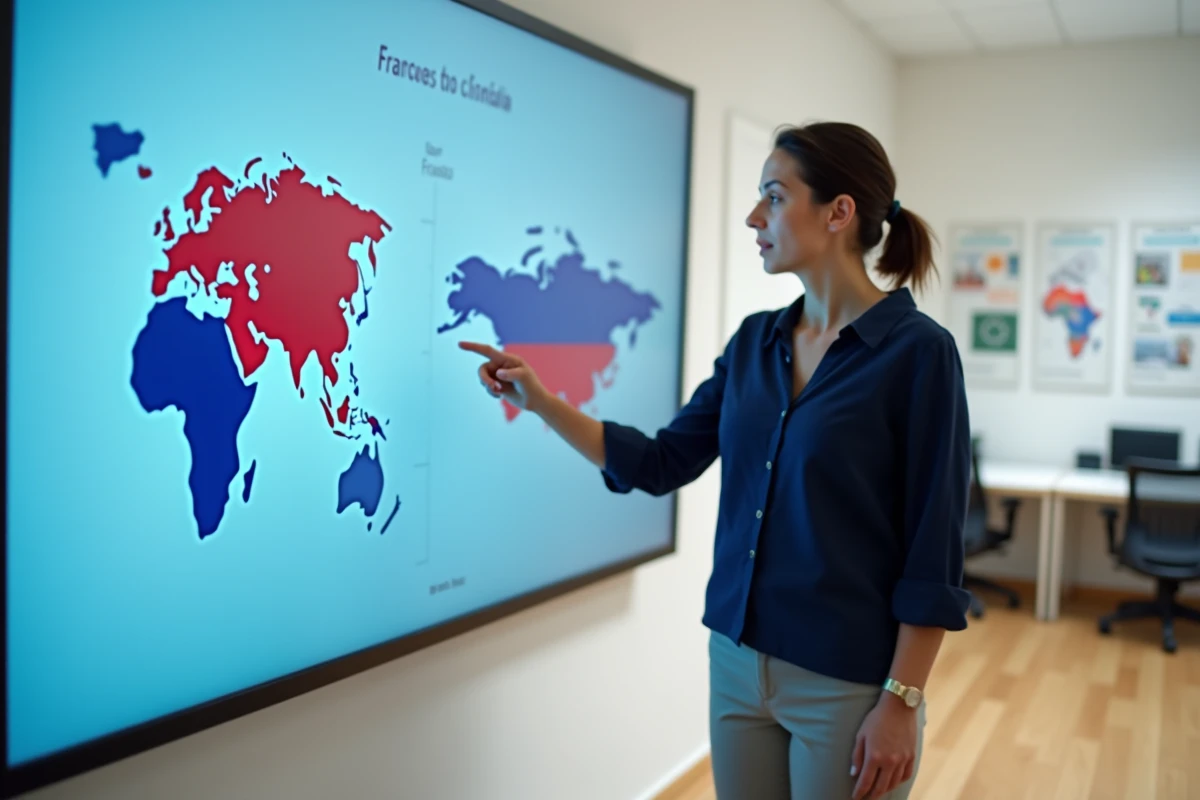 Femme devant un écran interactif montrant une comparaison visuelle de la superficie de différents pays par rapport à la France
