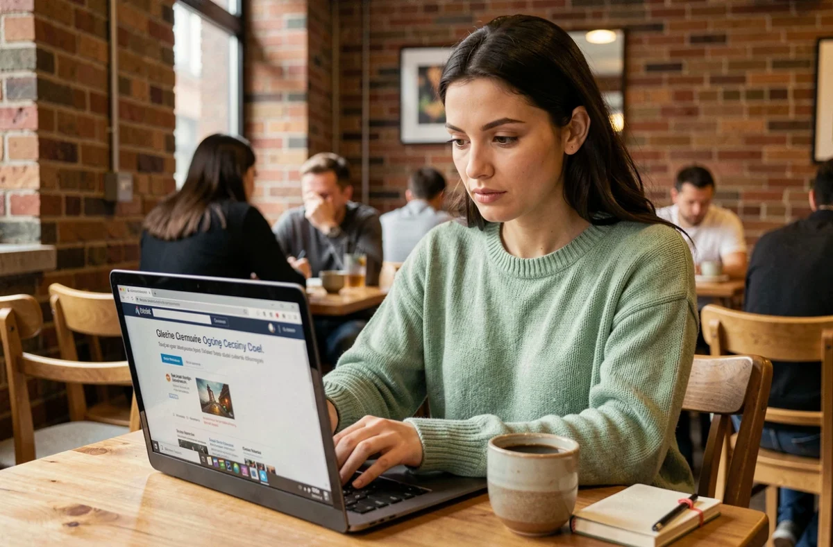 Femme consultant un comparatif de plateformes de jeux en ligne sur son ordinateur portable dans un café
