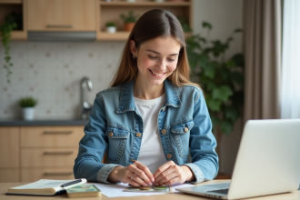 Jeune femme souriante comptant des pièces dans la cuisine