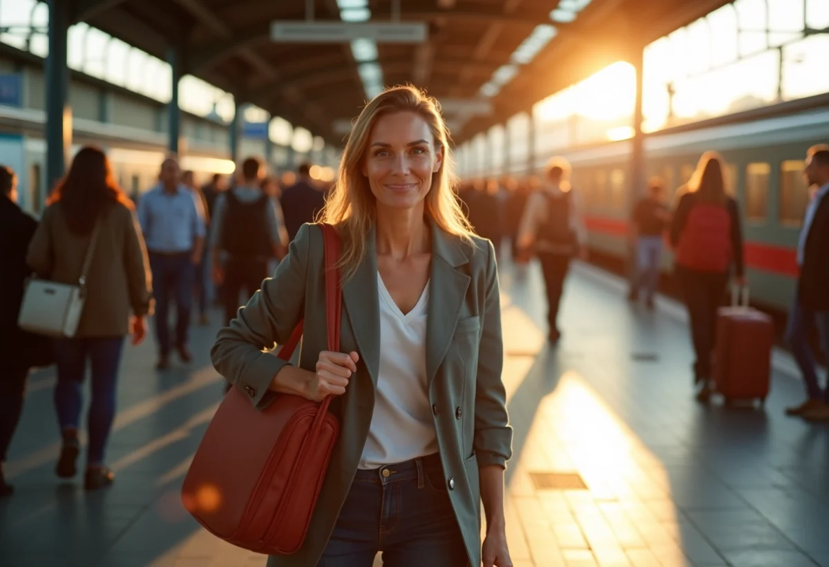 Femme confiante sur une gare européenne en matinée