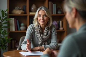 Femme chaleureuse en consultation dans un cabinet cosy