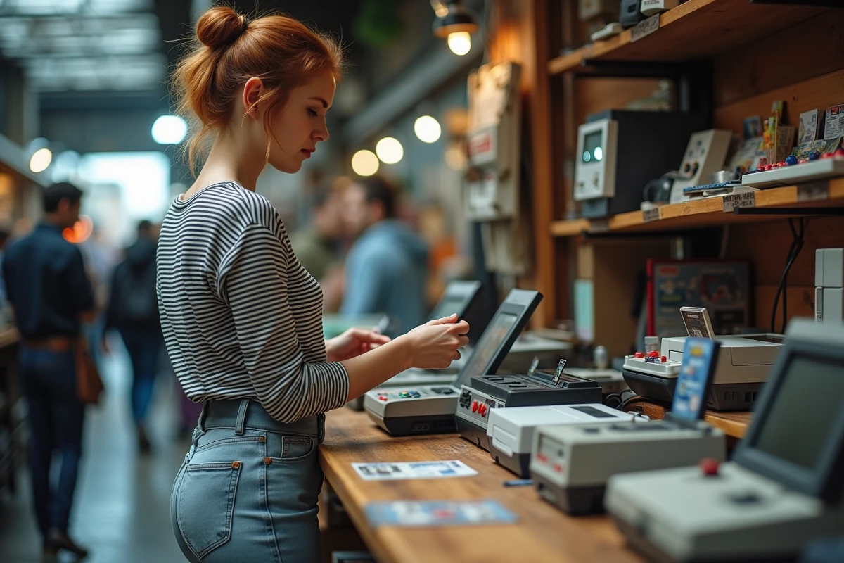 Femme explorant des consoles rétro vintage sur un stand de marché aux puces, incluant Game Boy, NES et Mega Drive