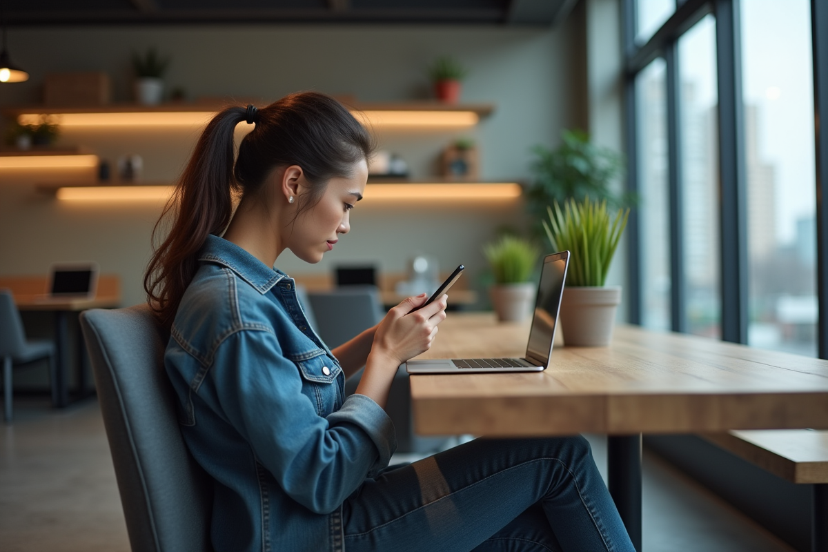 Jeune femme anxieuse regardant son smartphone au coworking