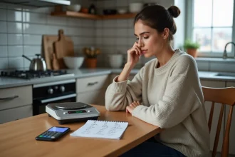 Jeune femme à la cuisine avec balance digitale et carnet