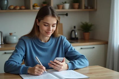 Jeune femme concentrée avec smartphone et puzzle dans la cuisine