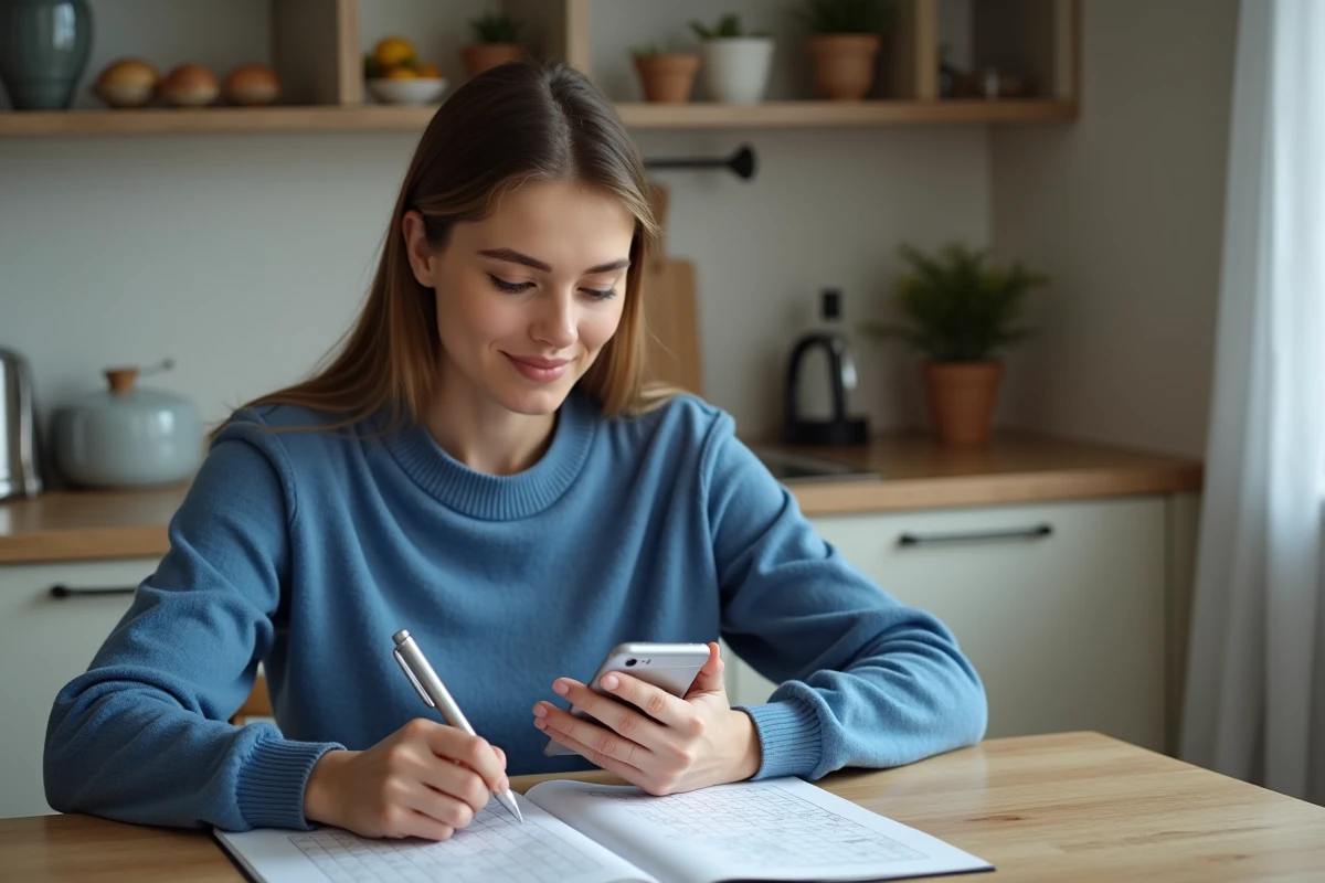 Jeune femme concentrée avec smartphone et puzzle dans la cuisine