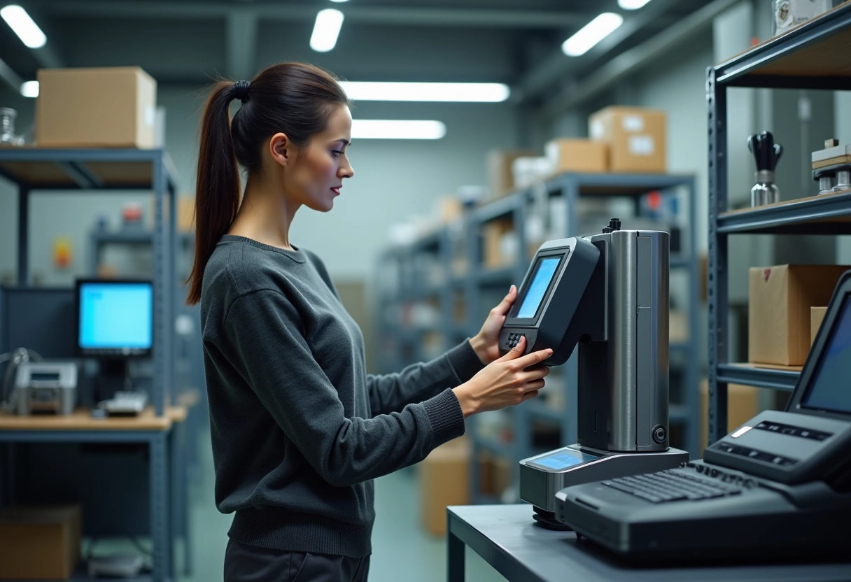 Femme vérifiant un dynamometre dans un espace industriel