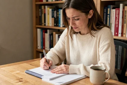 Femme concentrée écrivant dans un carnet sur un bureau en bois, entourée de livres de grammaire française