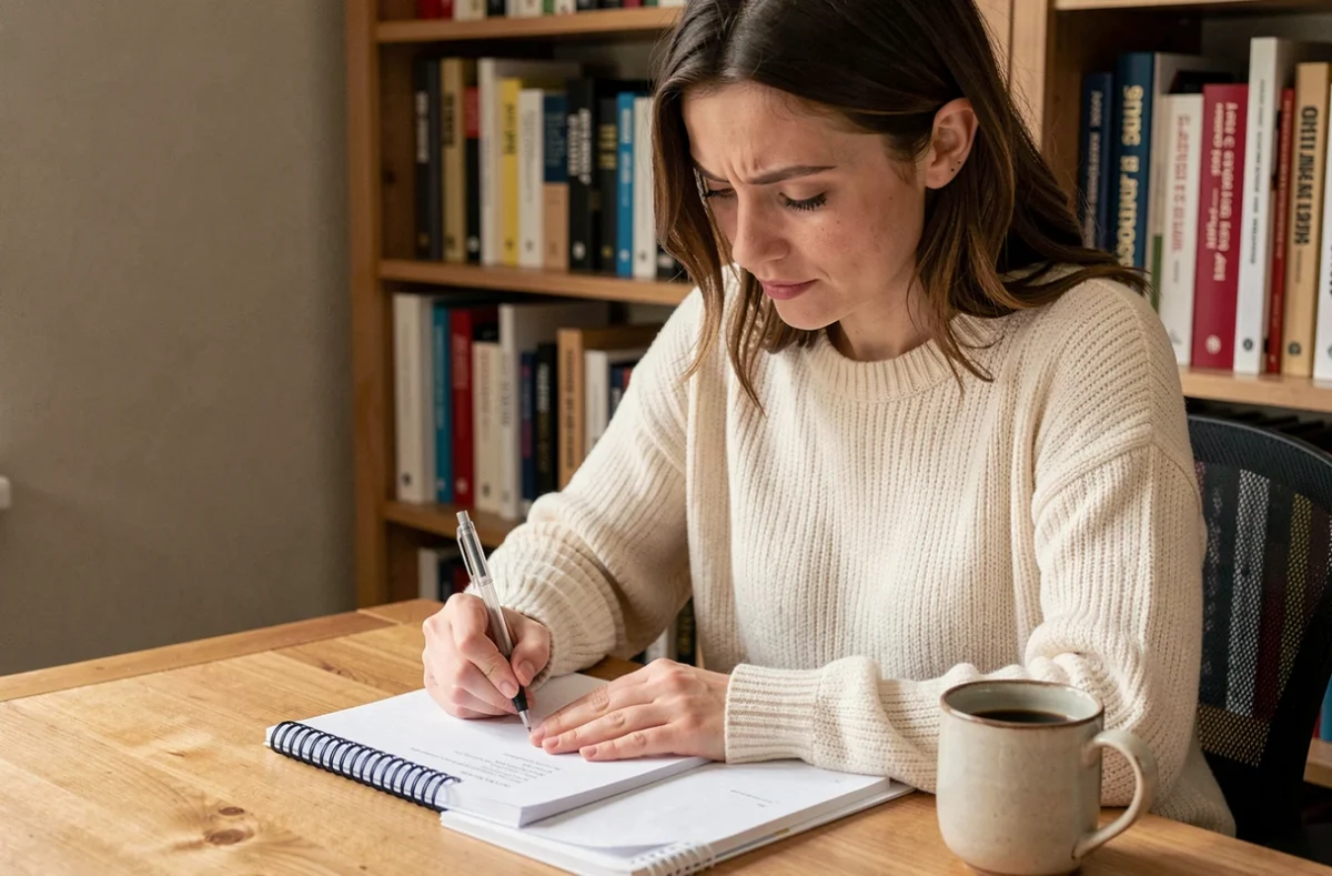 Femme concentrée écrivant dans un carnet sur un bureau en bois, entourée de livres de grammaire française