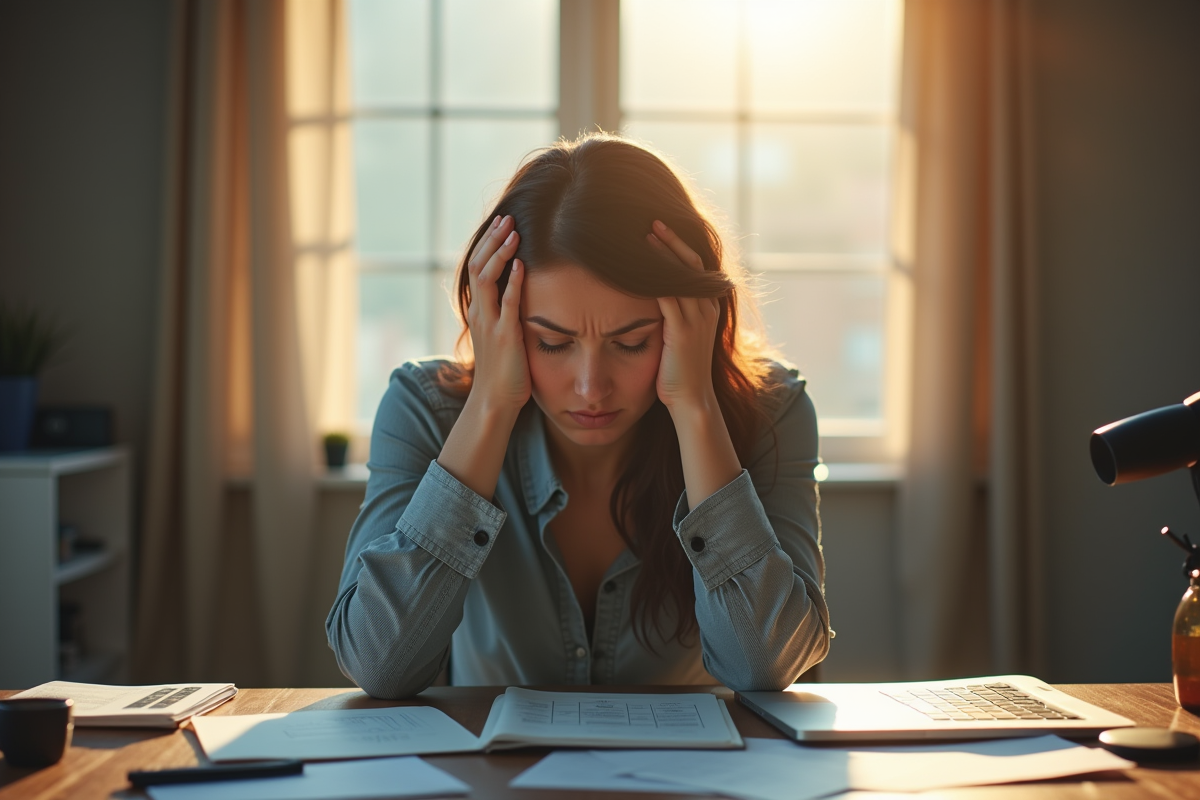 Jeune femme fatiguée au bureau avec stress et épuisement