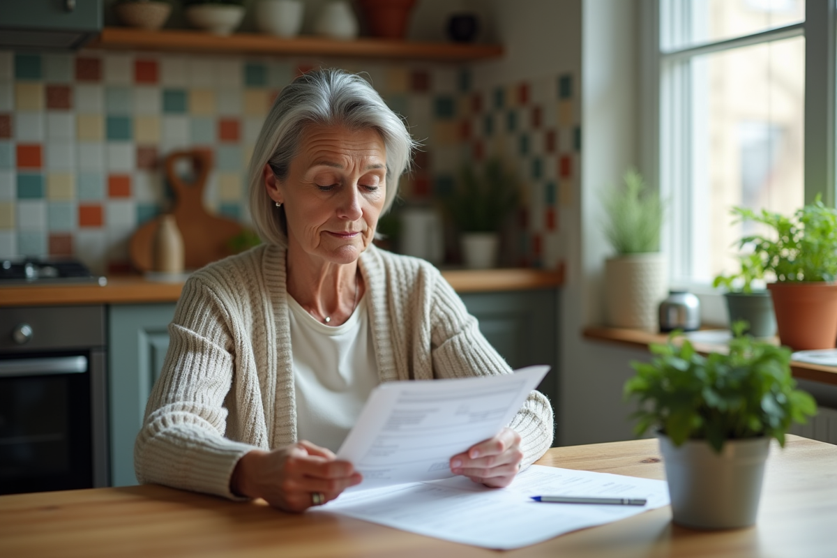 Femme moyenne âge vérifiant ses factures à la maison