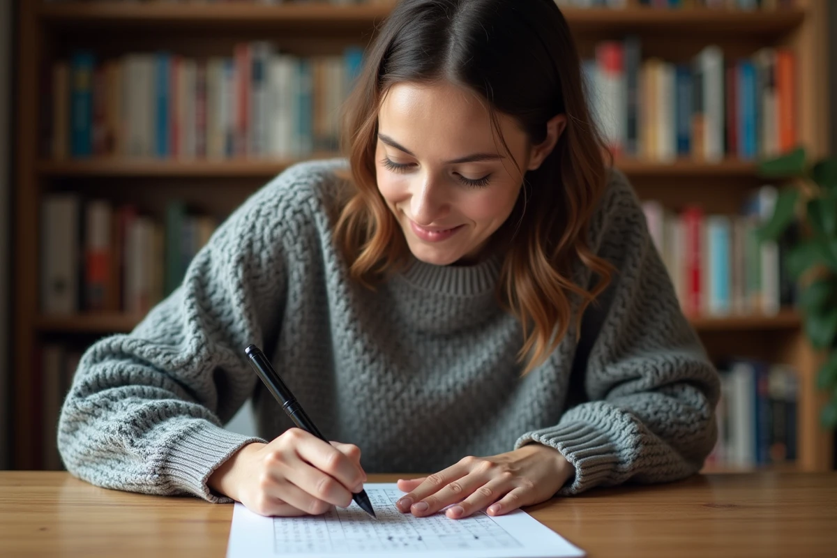 Femme résolvant une grille de mots croisés Codycross avec un stylo sur un bureau en bois