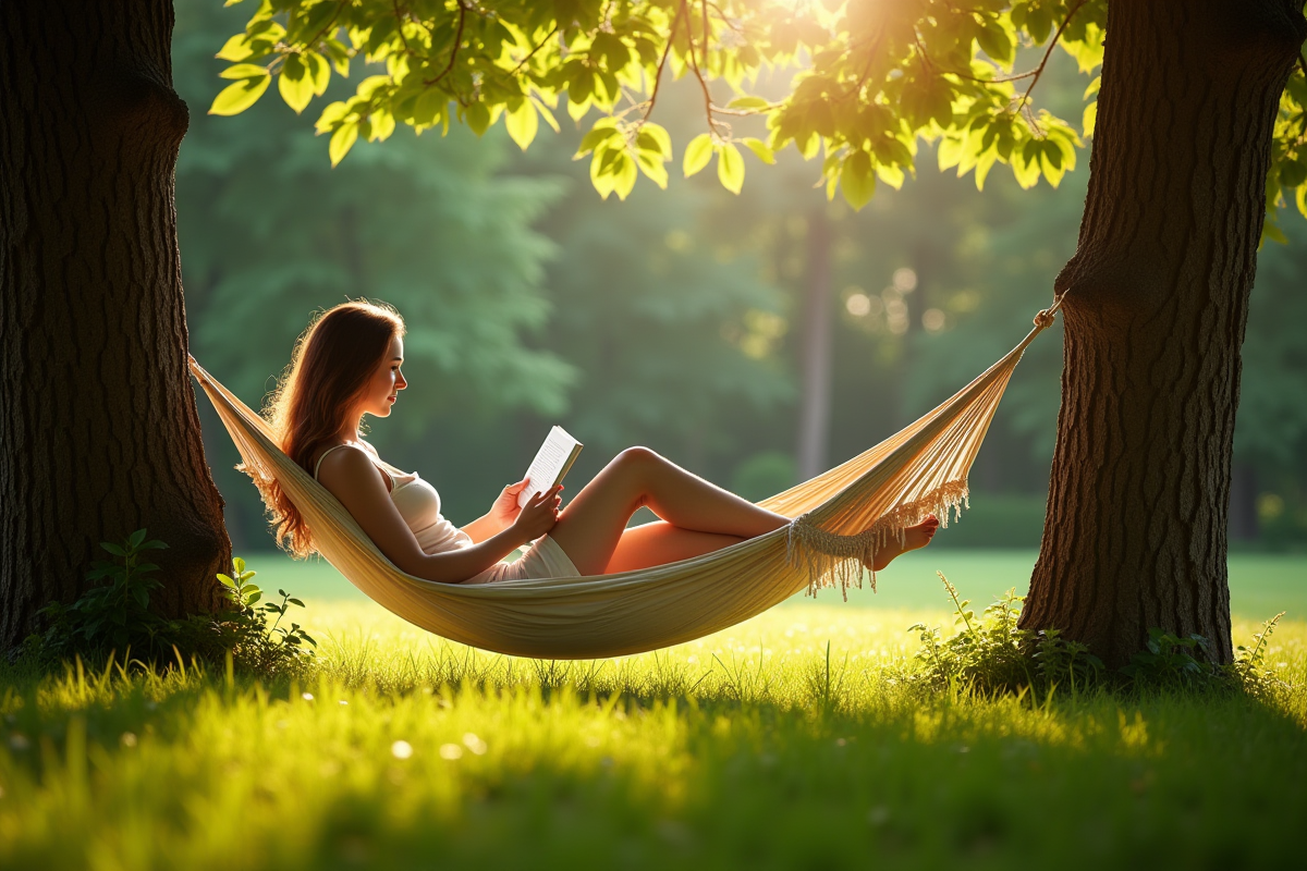 Femme se relaxant dans un hamac en plein air